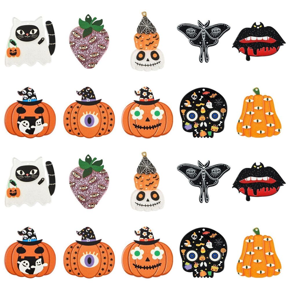 8447 20Pcs 10 Styles Acrylic Halloween Charms Orange Black Gothic Charms